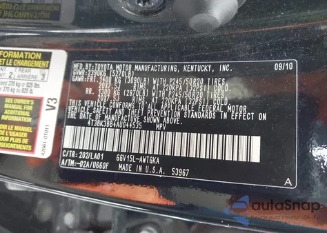 2010 Toyota Venza Base V6 из США, поврежденный, VIN 4T3BK3BB4AU044535